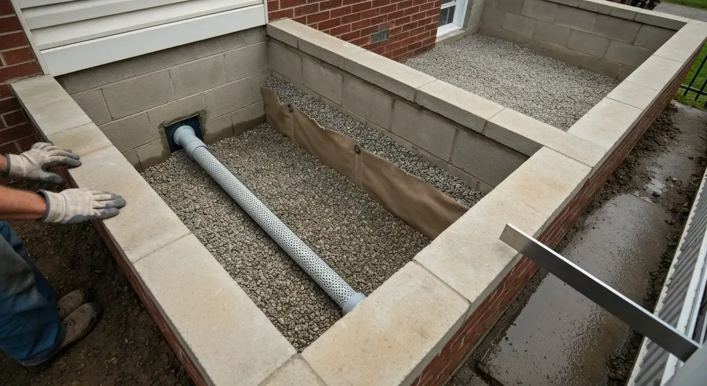Basement window well with gravel, drainage pipe, and workers installing waterproofing liner