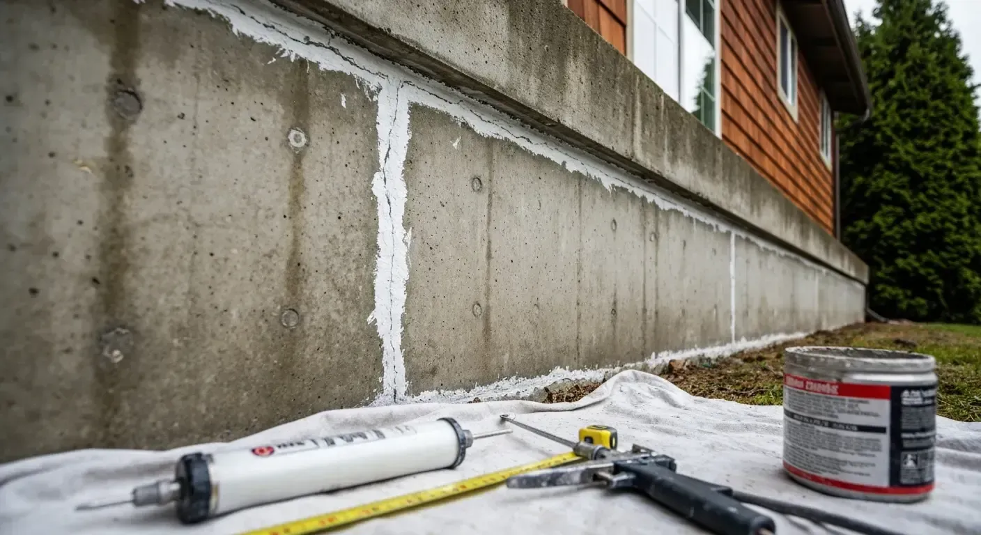 Construction caulk and tools on a concrete patio beside a retaining wall