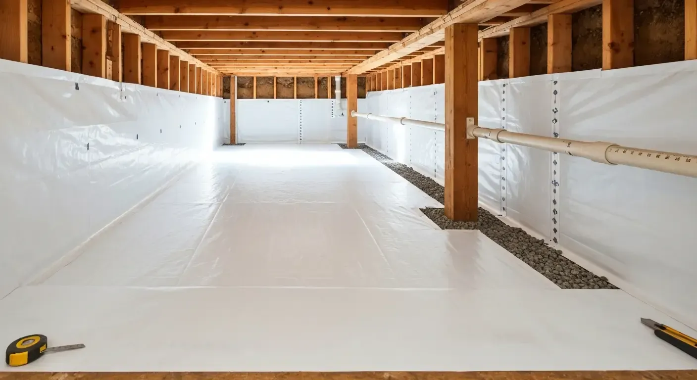 Basement with white vapor barrier walls and floor, exposed wooden beams, and a gravel perimeter drain.