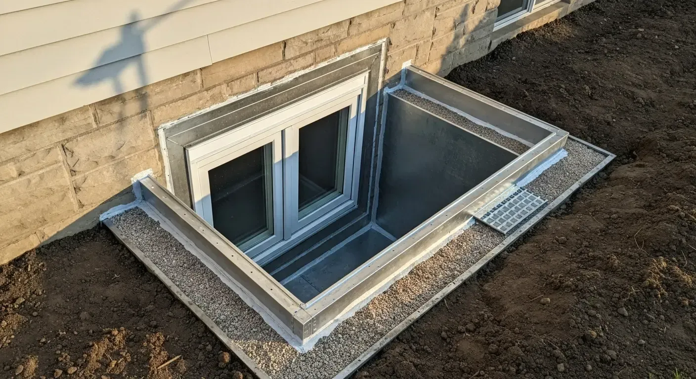 Basement window well with metal grate and double window below a brick wall