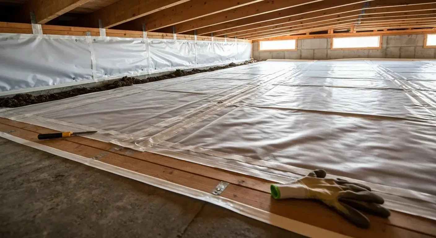 Large room floor covered with white plastic sheeting, with wooden framing and gloves on the concrete edge
