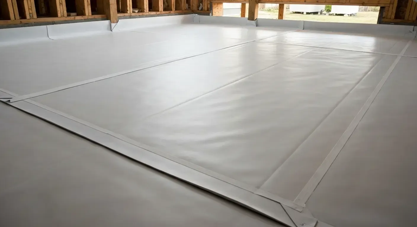 White padded floor mat in an indoor gym or training area, viewed from a low angle.