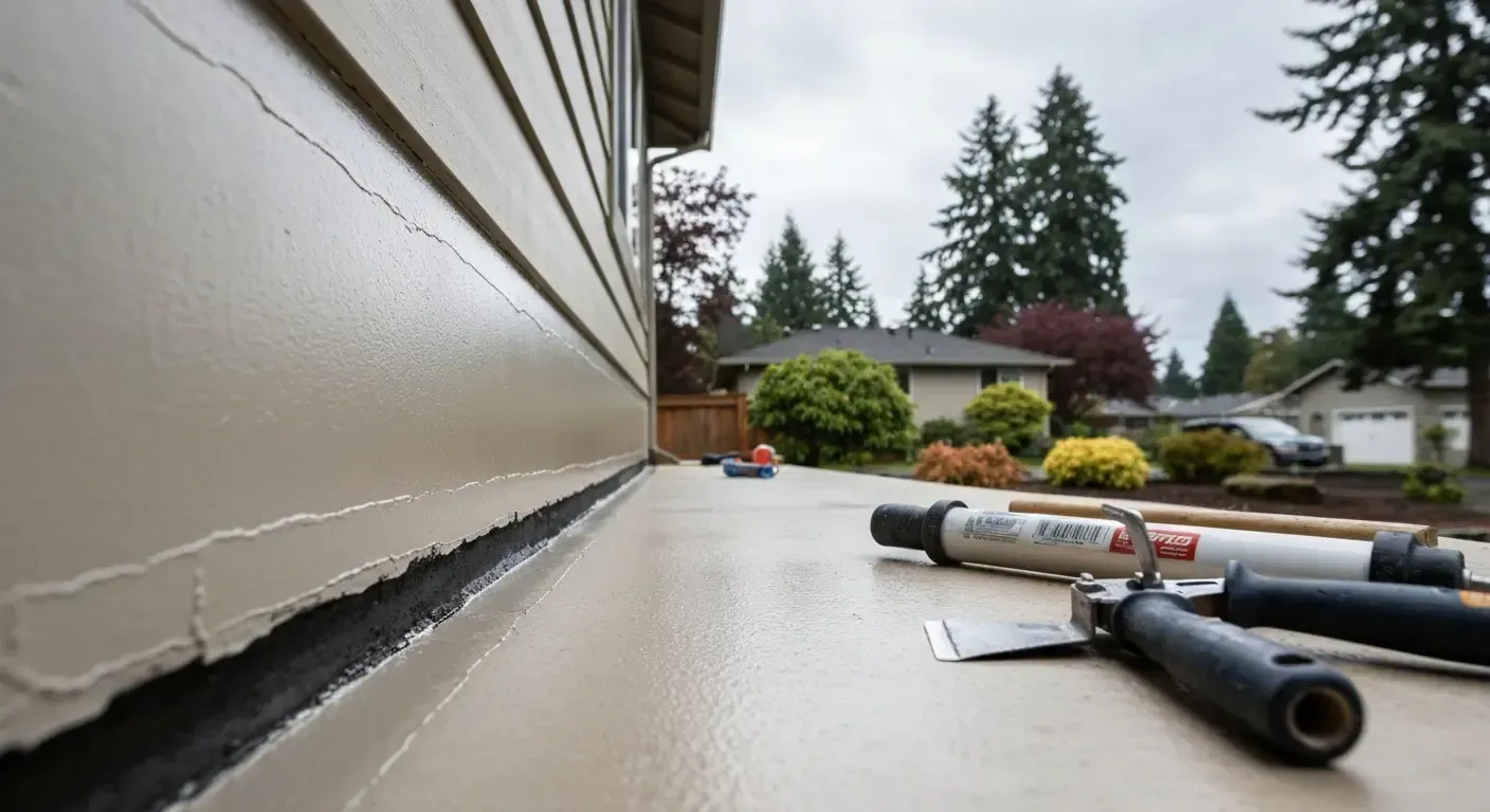 Roofing tools on a low roof beside a house, with a suburban street and trees in the background