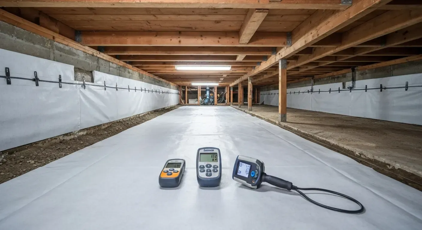 Three electronic testers on a smooth white floor in a wooden-beamed basement or crawlspace