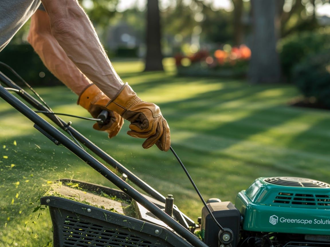 Person in gloves pulling a cord to start a lawnmower on a sunny lawn.