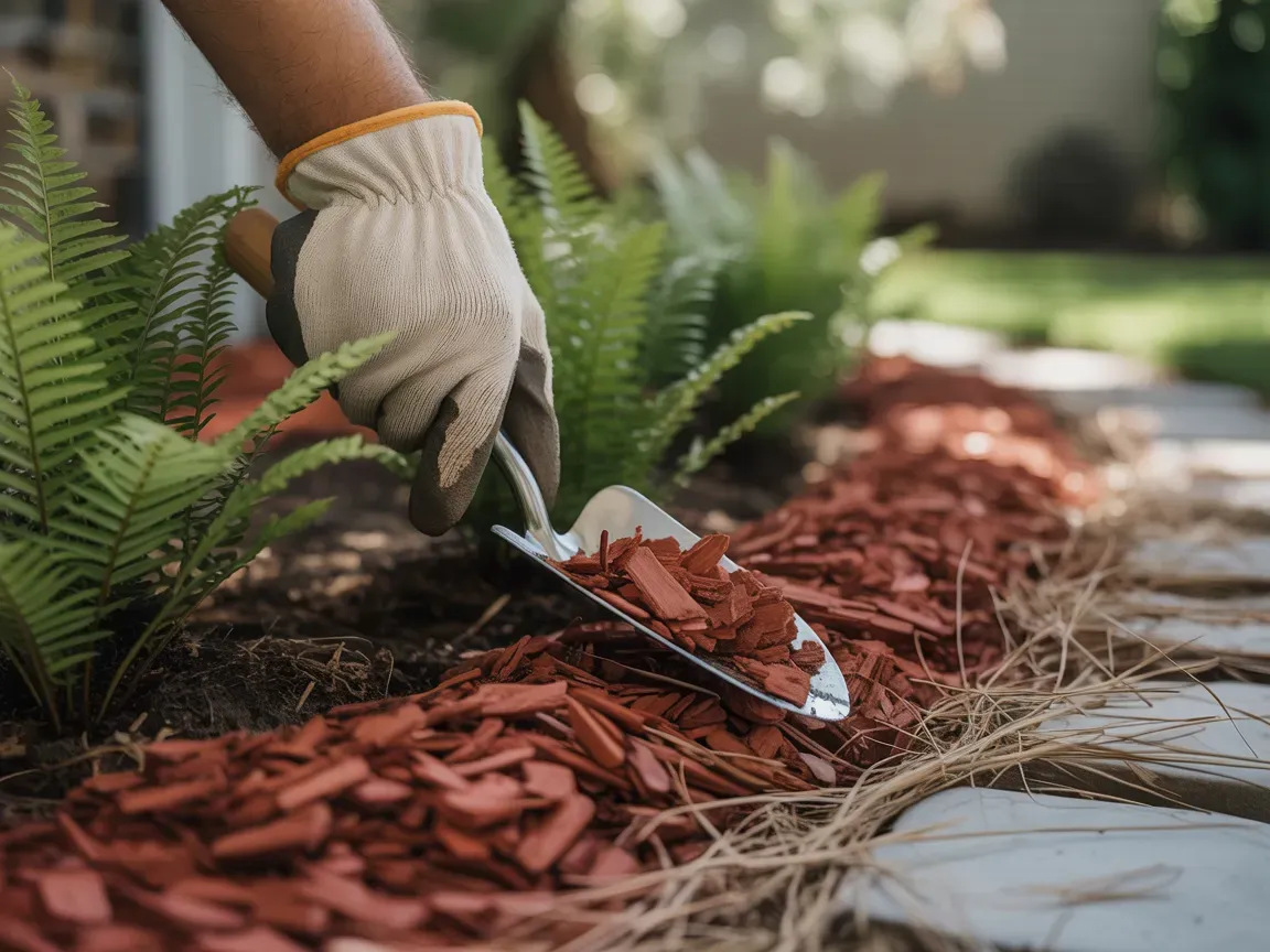 Person in gloves spreading red mulch around plants with a trowel in a garden bed.