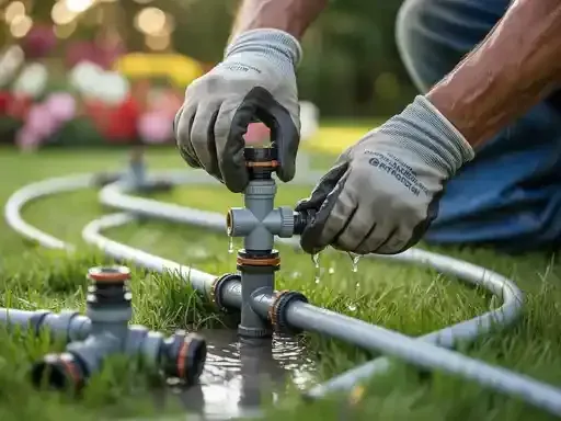 Person in gloves connecting irrigation system pipes in a grassy yard. Water is leaking.