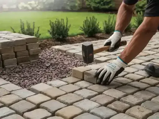Person laying paving stones, using a mallet in a garden setting.
