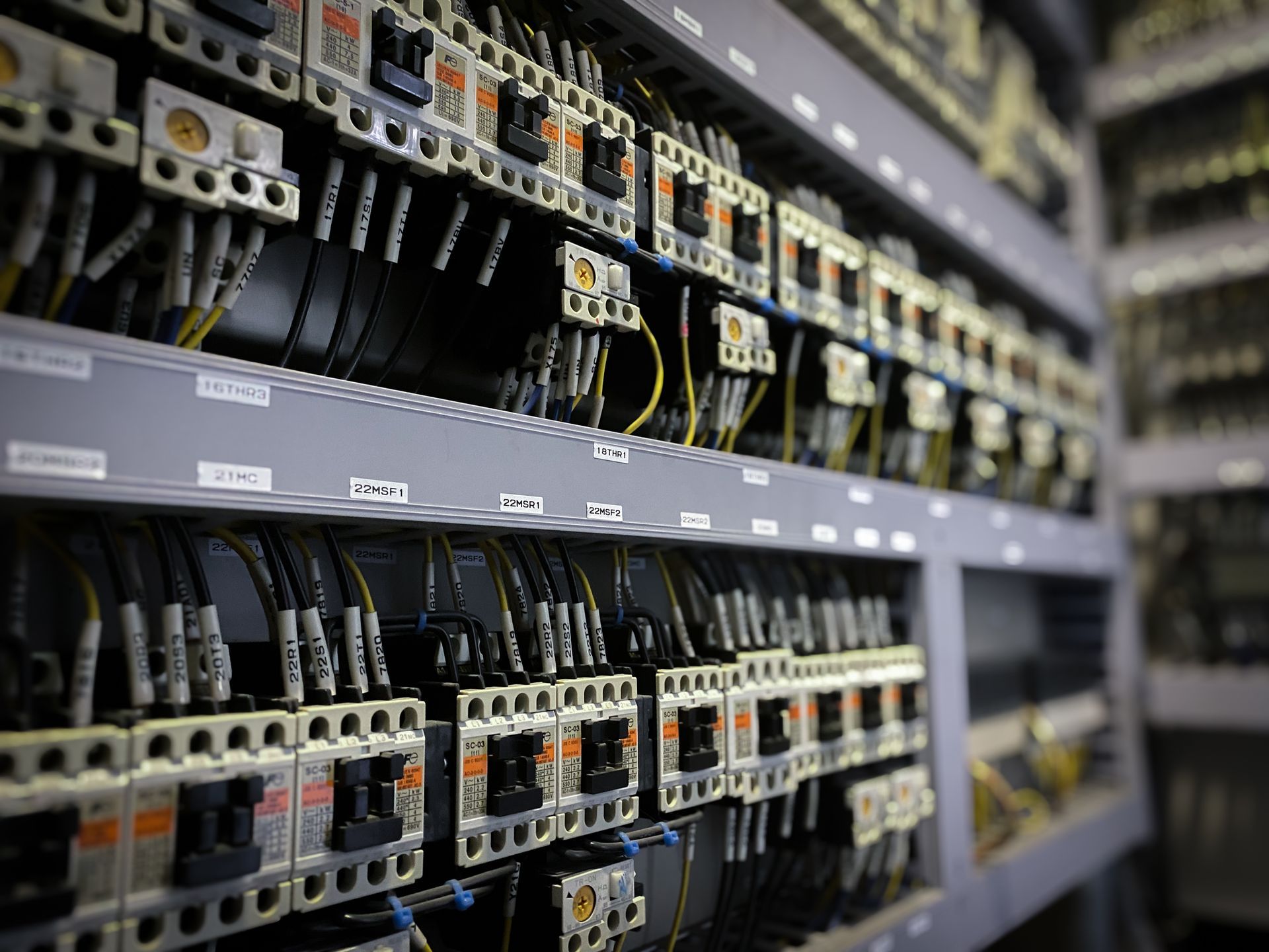 Una fila di quadri elettrici da cui escono molti fili.