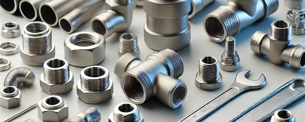 Un mucchio di tubi metallici, dadi e chiavi inglesi su un tavolo.