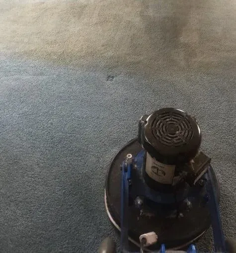 Blue floor-cleaning machine on a gray carpeted floor