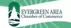 Logo for the Evergreen Area Chamber of Commerce featuring a stylized white pine tree and mountain over green backgrounds.