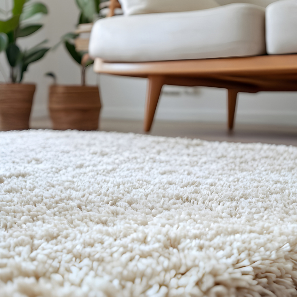 A plush, cream-colored shag rug occupies the foreground with a wooden couch and potted plants in the blurred background.