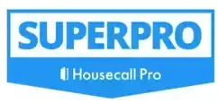 A blue pentagonal badge featuring the white text "SUPERPRO" above the "Housecall Pro" logo.