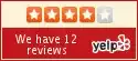 A Yelp widget showing a four-star rating out of five with the text "We have 12 reviews" and the Yelp logo.