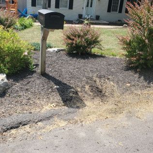 A black mailbox is sitting in front of a house.