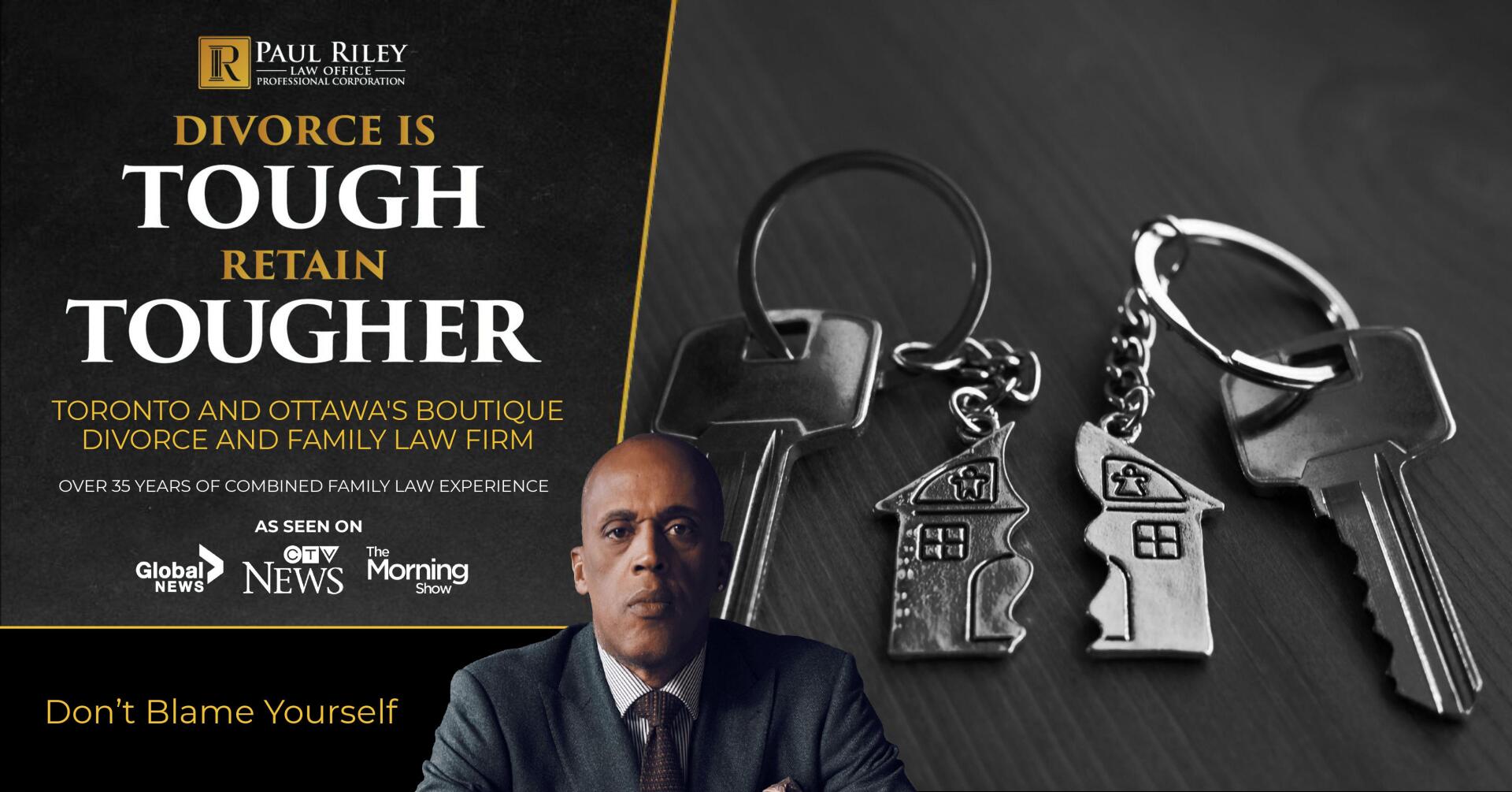 A man is sitting in front of a sign that says divorce is tough retain tougher