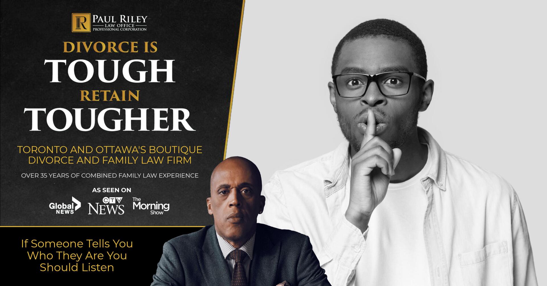 A man in a suit and tie holds his finger to his mouth in front of a sign that says divorce is tough retain tougher