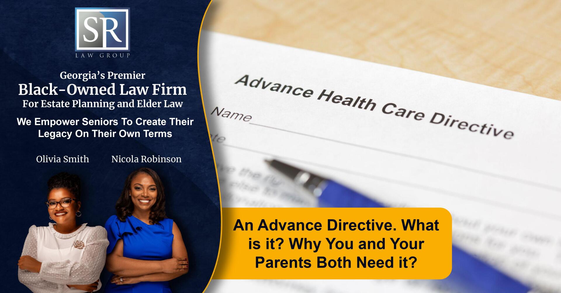 Two women are standing next to a piece of paper that says advance health care directive