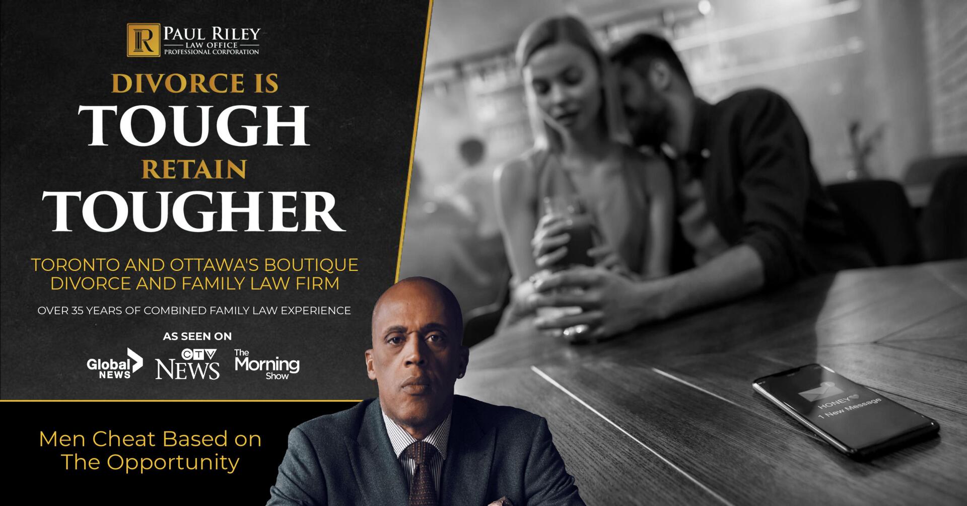 A man in a suit and tie is sitting in front of a sign that says divorce is tough retain tougher