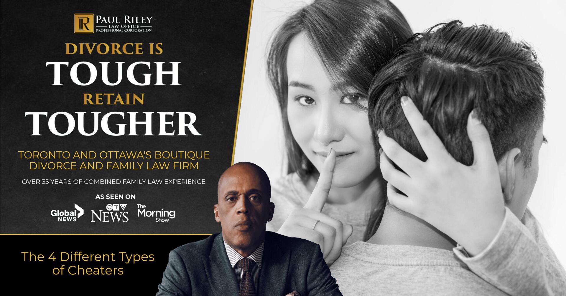 A black and white photo of a man and a woman with the words divorce is tough retain tougher