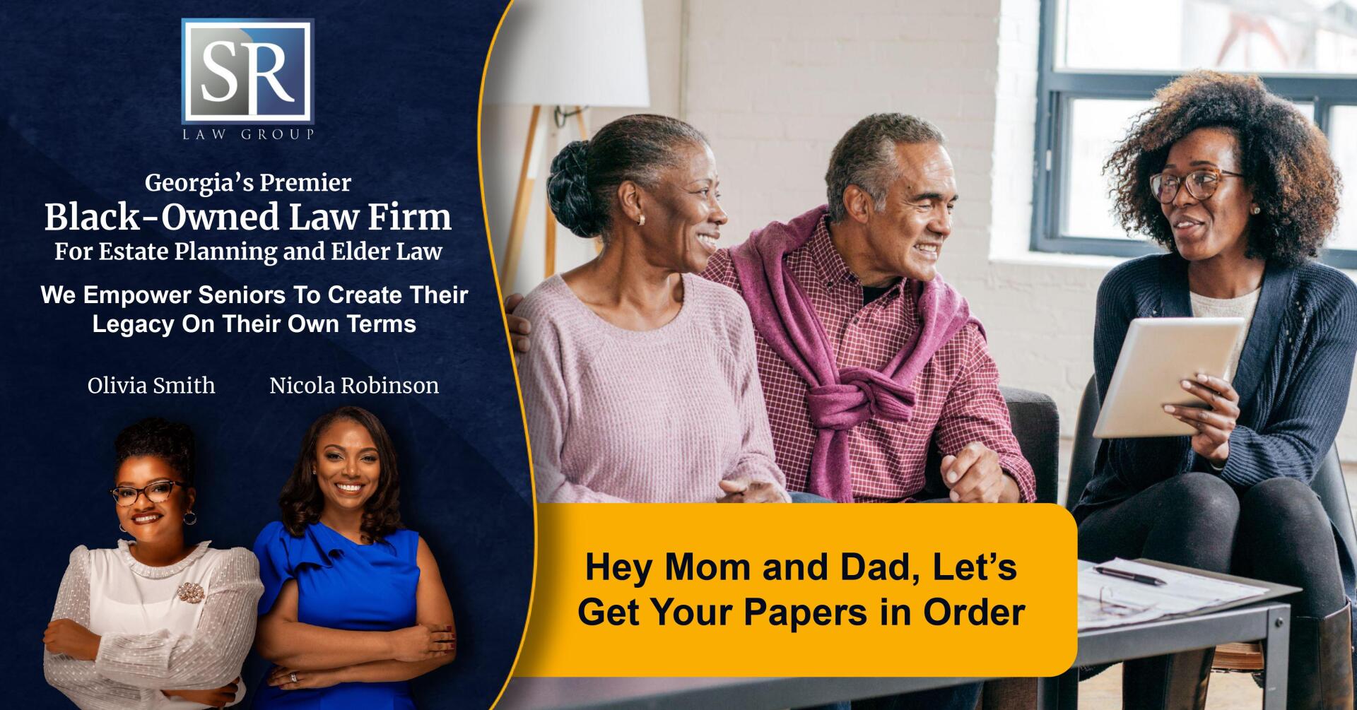 A family is sitting on a couch talking to a woman holding a tablet.