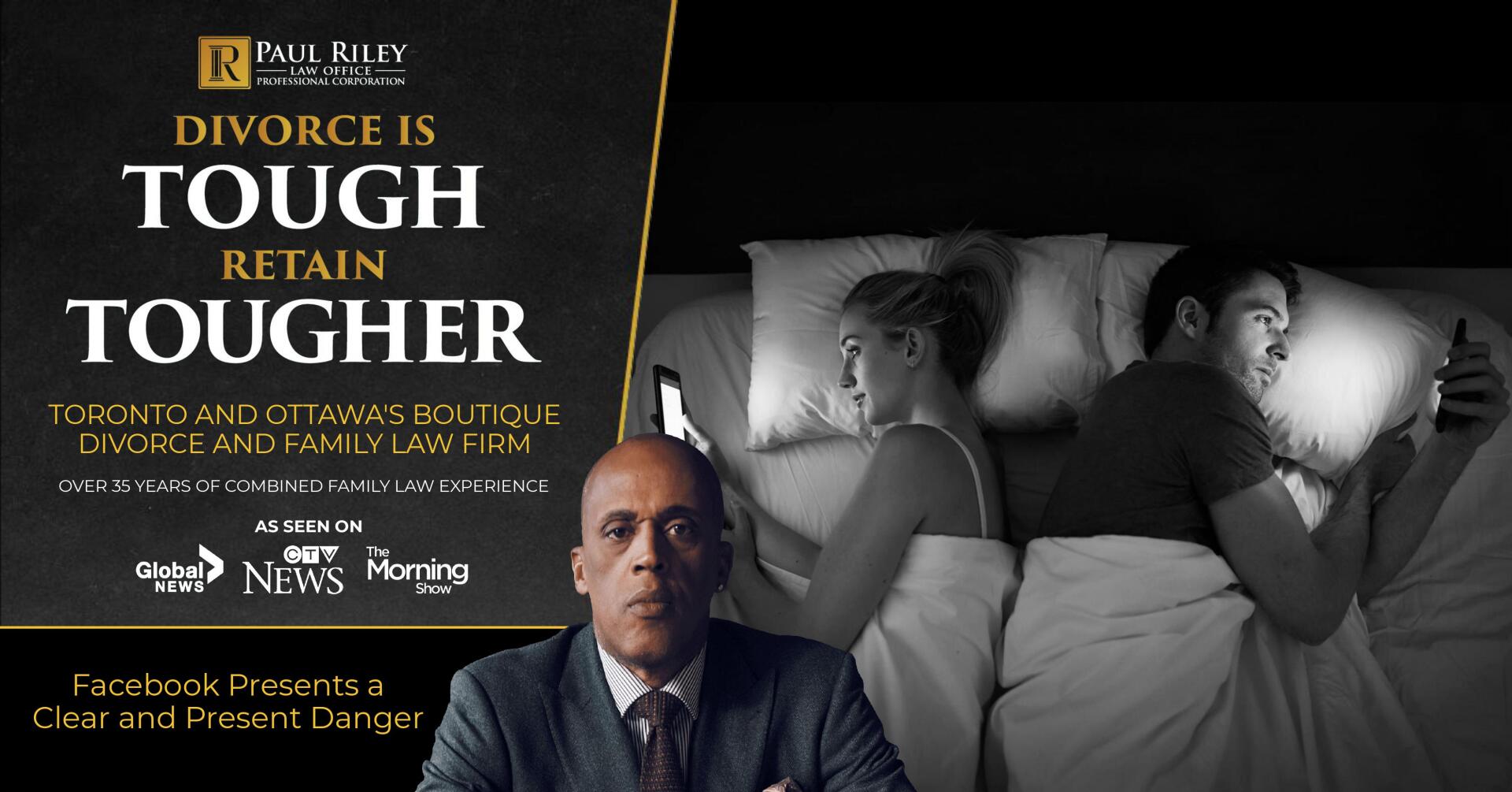 A man in a suit and tie is standing in front of a poster that says divorce is tough retain tougher