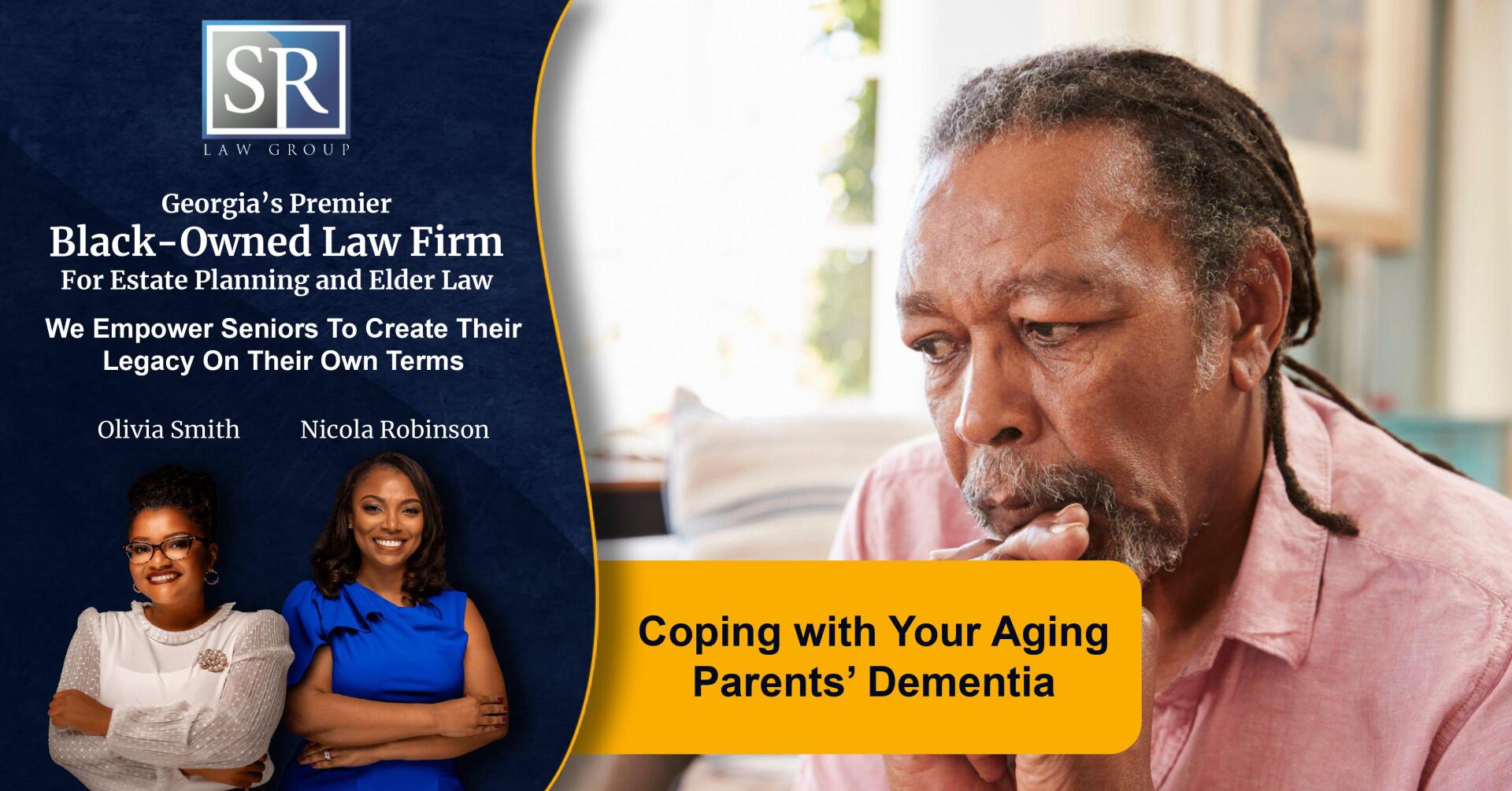 A man with a beard is sitting in front of a sign that says coping with your aging parents dementia.