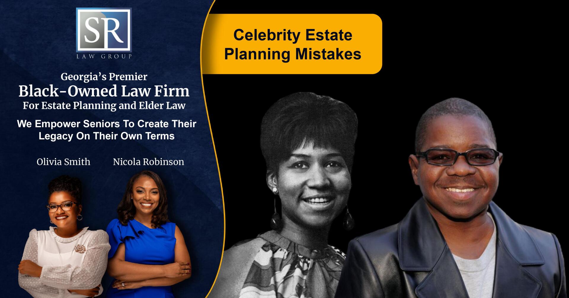 A man and a woman are standing next to each other in front of a sign that says celebrity estate planning mistakes