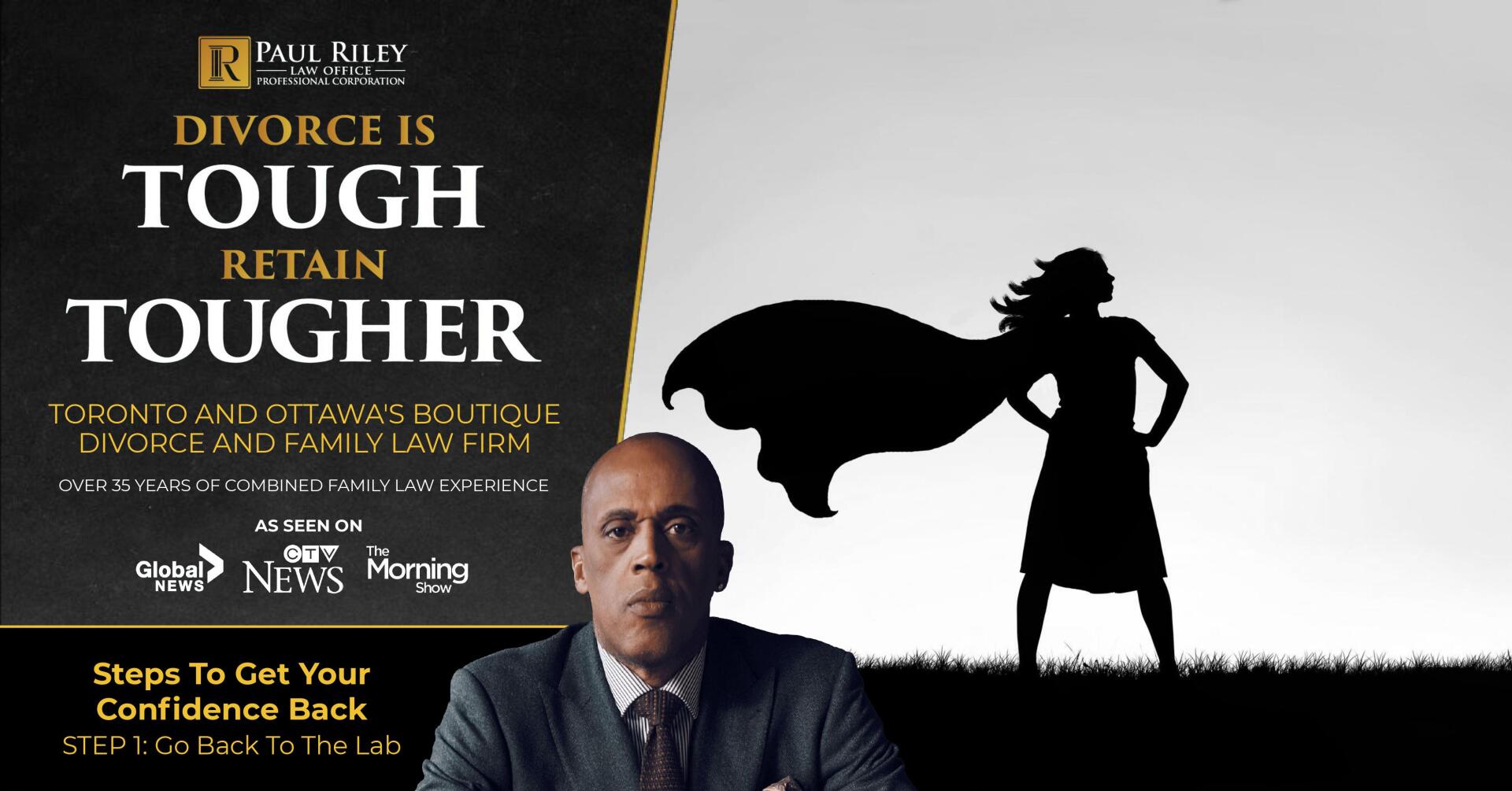 A man sitting in front of a sign that says divorce is tough retain tougher