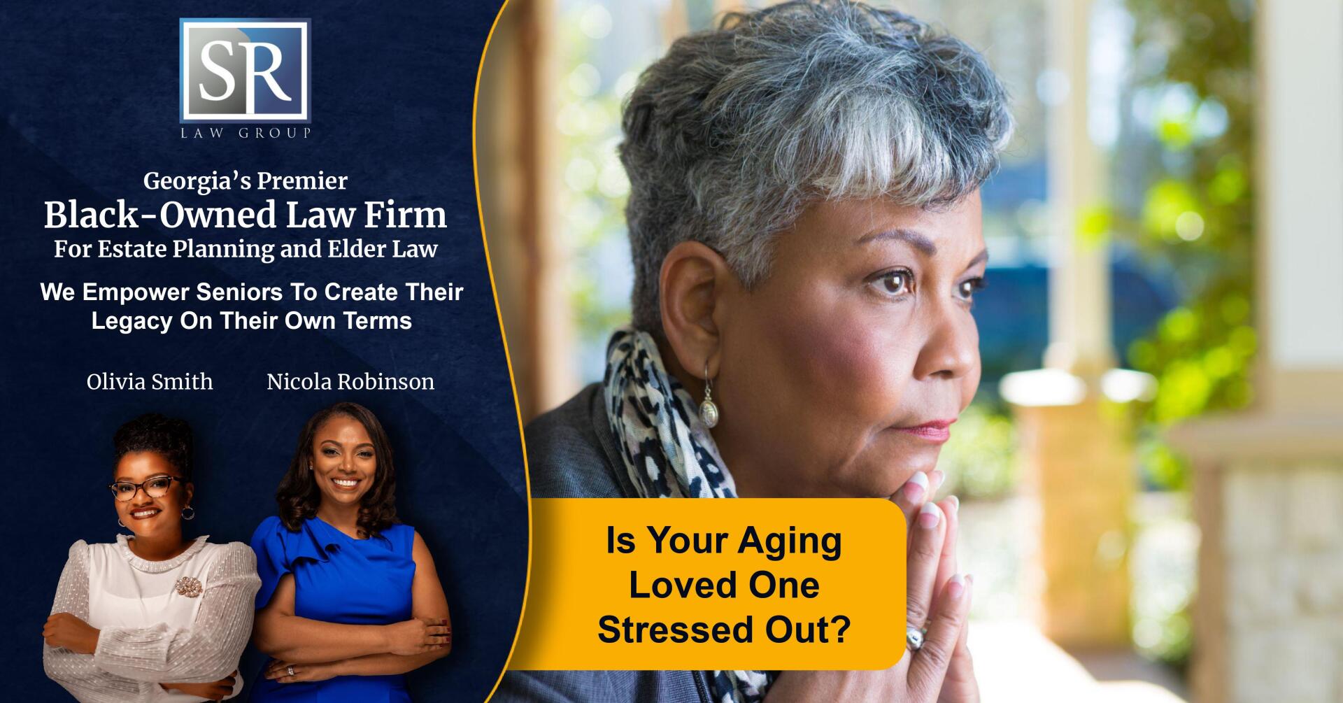 A woman with gray hair is standing in front of a sign that says `` is your aging loved one stressed out ? ''