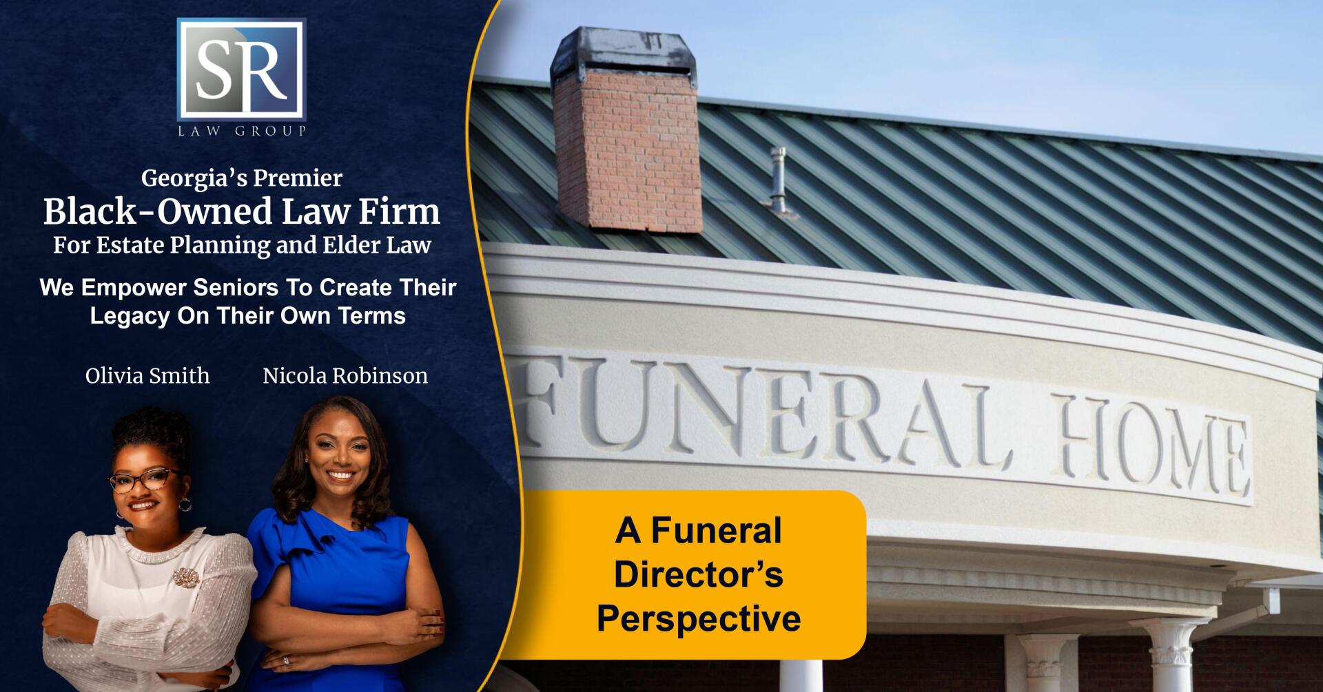 Two women are standing in front of a funeral home