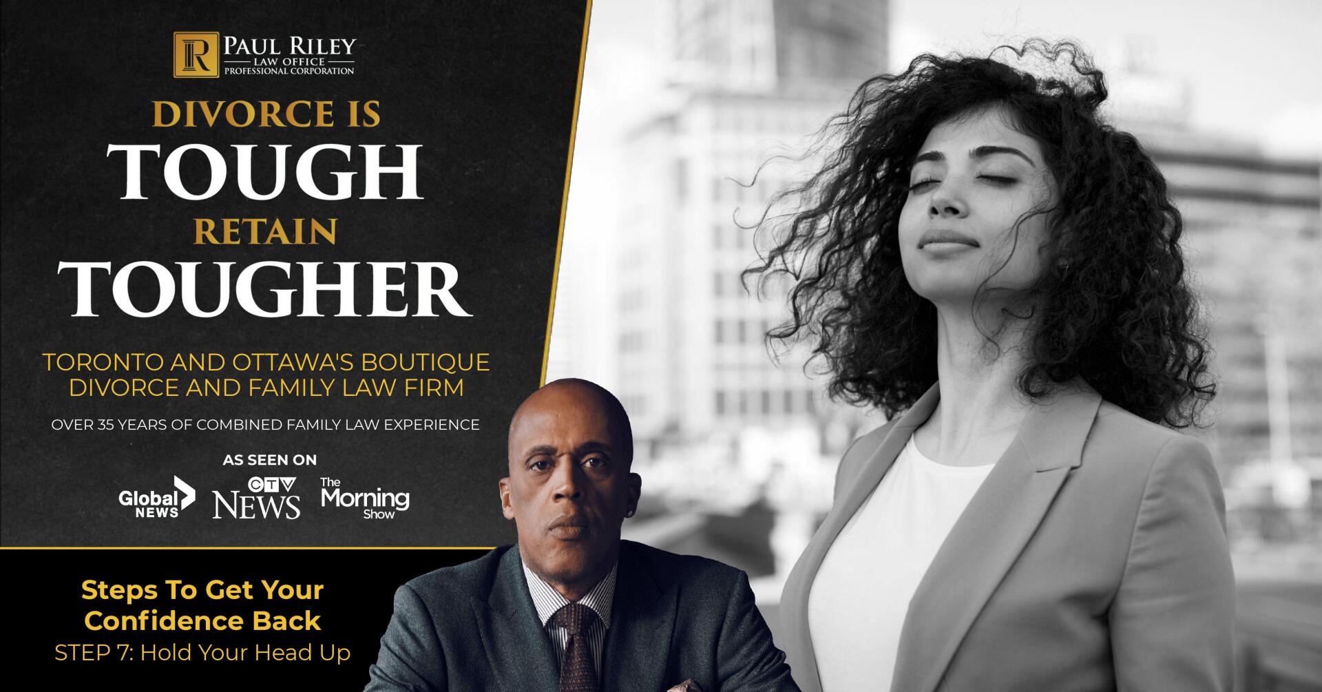 A man and a woman are standing next to each other in front of a sign that says divorce is tough retain tougher