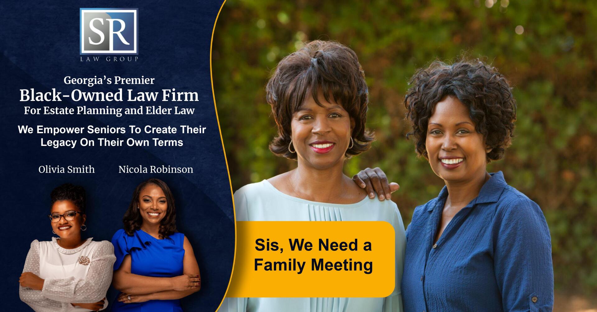 Three women are standing next to each other in front of a sign that says `` we need a family meeting ''.