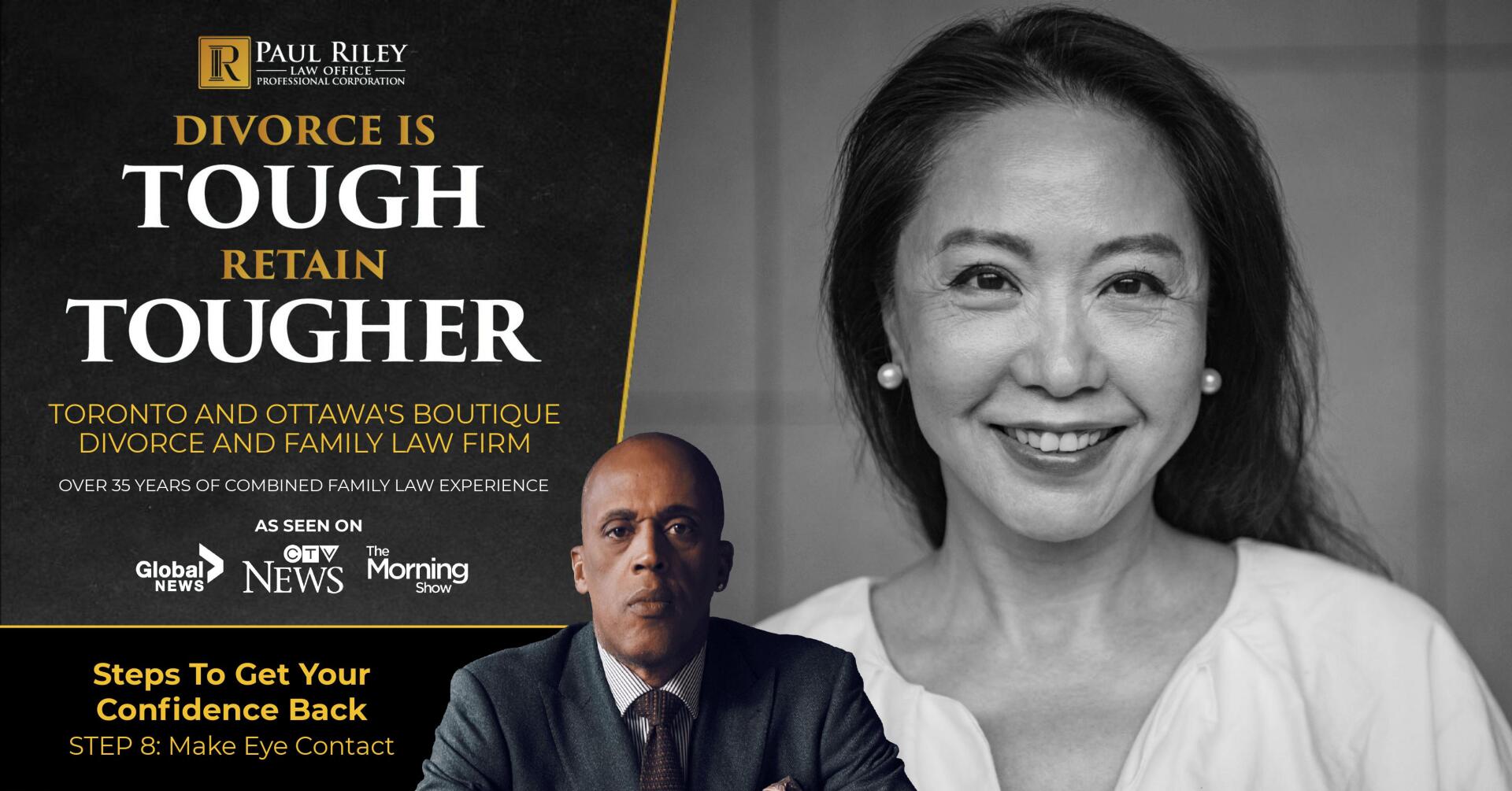 A black and white photo of a man and a woman with the caption divorce is tough retain tougher