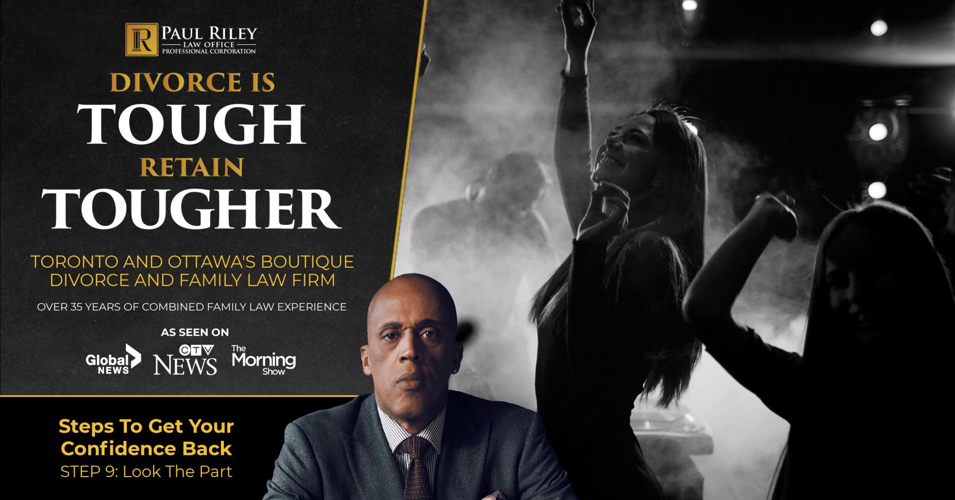 A man is sitting in front of a sign that says divorce is tough retain tougher