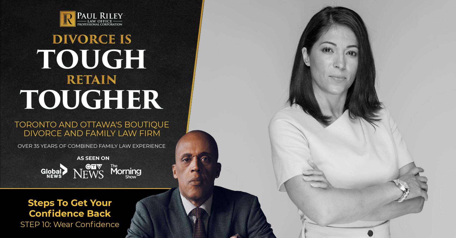 A man and a woman are standing next to each other in front of a sign that says divorce is tough retain tougher