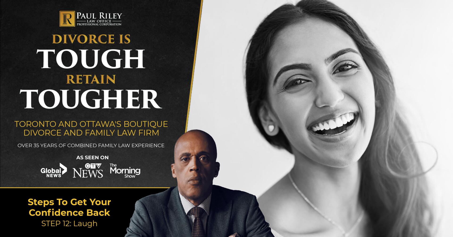 A man and a woman are smiling in front of a sign that says divorce is tough retain tougher