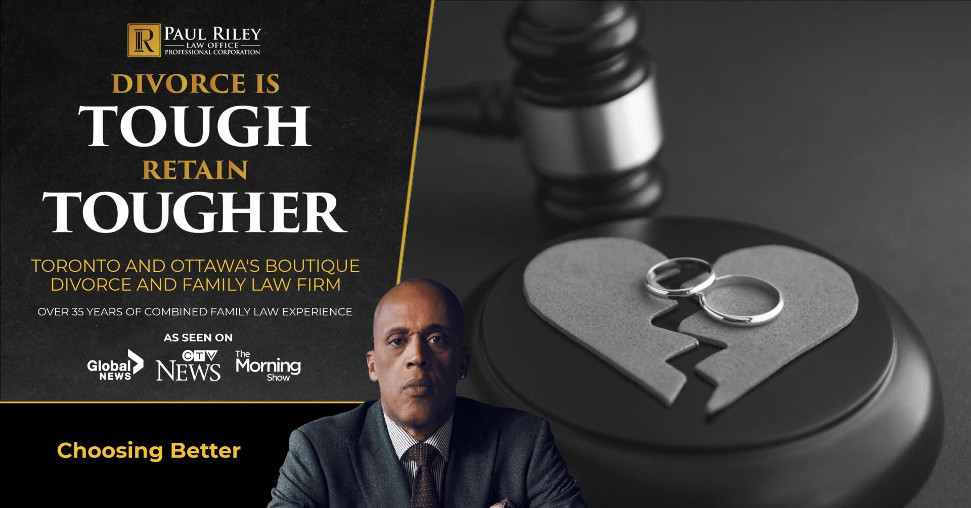 A man sitting in front of a sign that says divorce is tough retain tougher