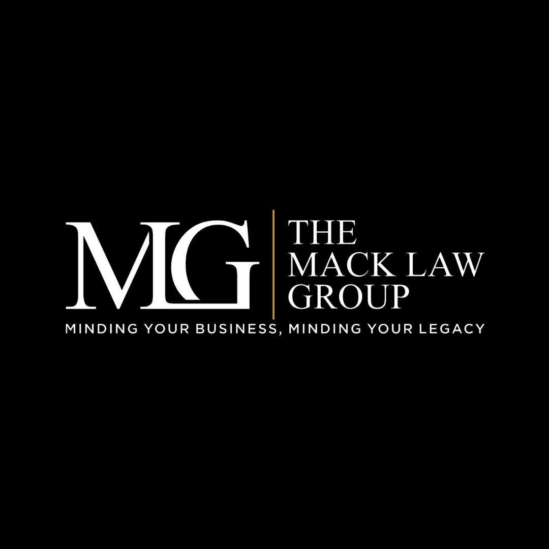 The logo for the mack law group is on a black background.