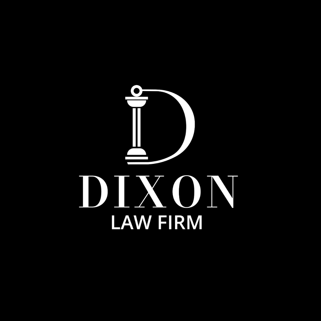 The logo for dixon law firm is white on a black background.
