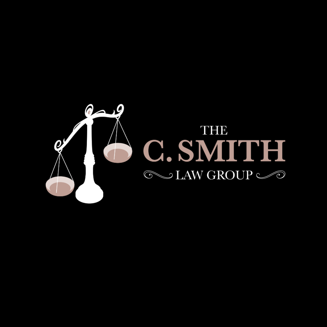 A logo for the c. smith law group with a scale of justice on a black background.
