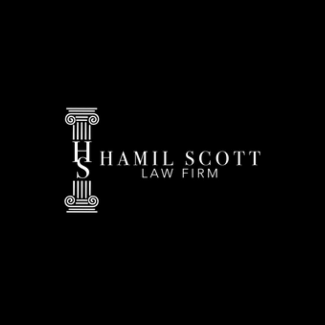 A logo for hamil scott law firm on a black background