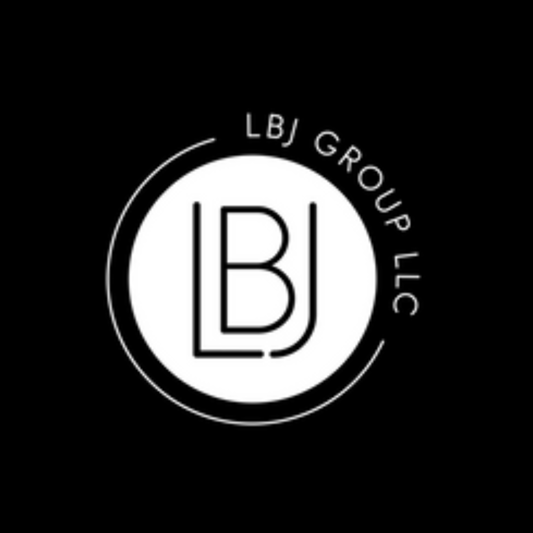 The logo for lbj group llc is white on a black background.