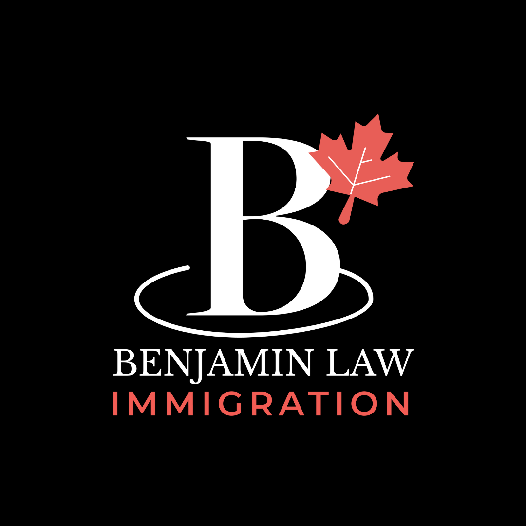 A logo for benjamin law immigration with a maple leaf