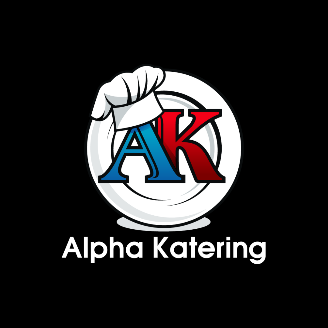 A logo for alpha catering with a chef 's hat on a plate.