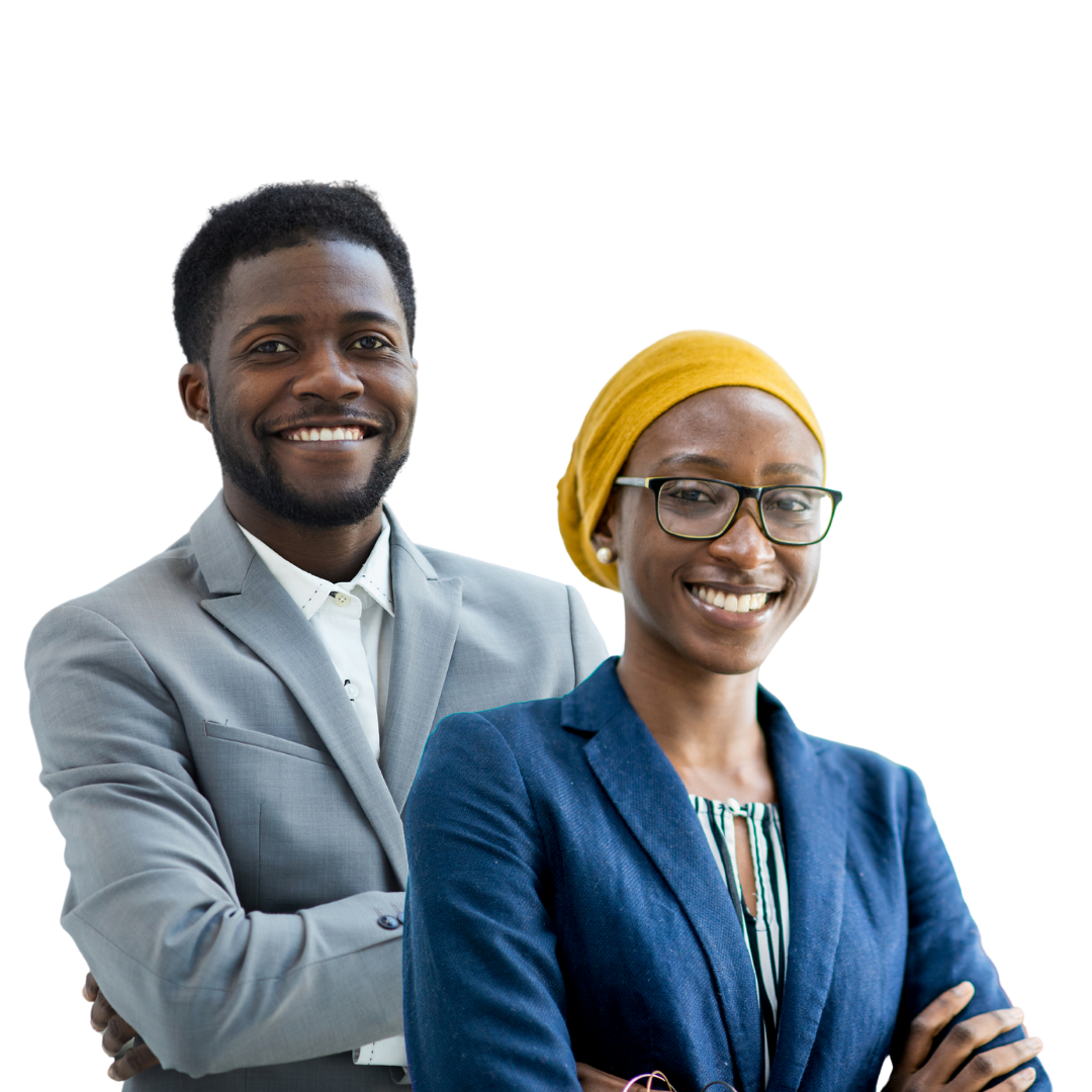 A man and a woman are posing for a picture with their arms crossed
