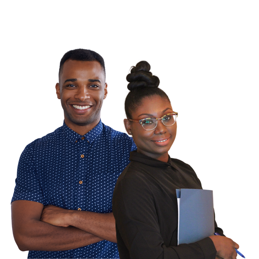 A man and a woman are posing for a picture with their arms crossed