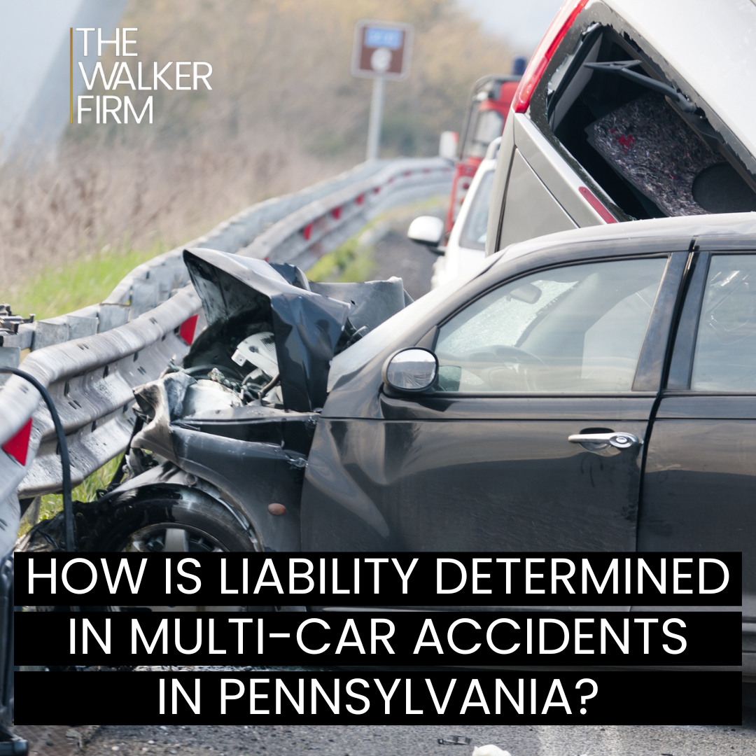 A picture of a car accident with the caption how is liability determined in multi-car accidents in pennsylvania