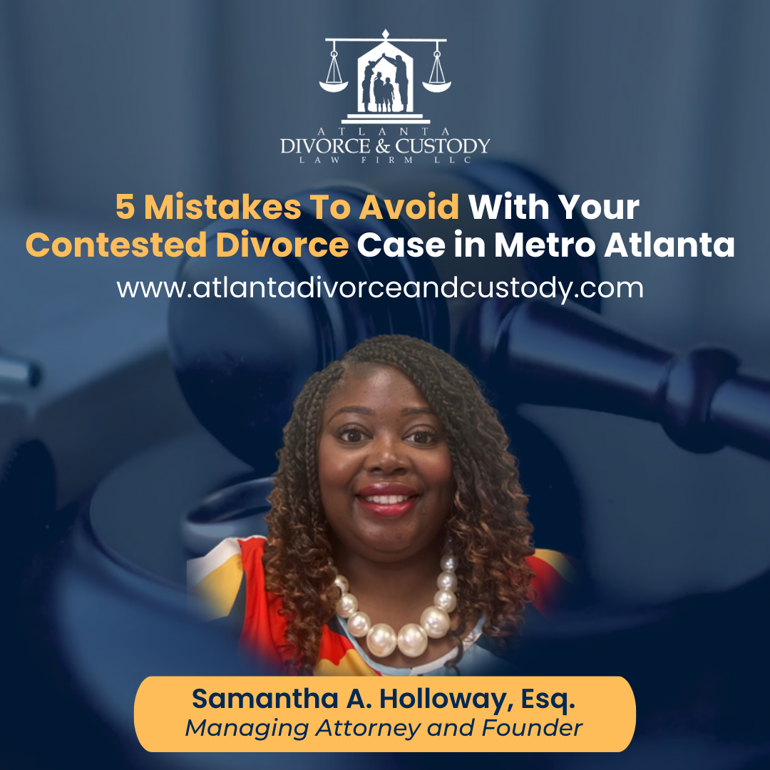 A woman is standing in front of a judge 's gavel and a sign that says 5 mistakes to avoid